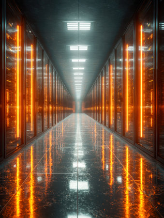 A sleek, modern corridor lined with towering server units, glowing with intense orange LEDs that...