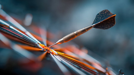 A gleaming metal dart hits the vivid center of a vibrant dartboard, emphasizing accuracy and concentration amid a lively, out-of-focus gaming environment.の写真素材