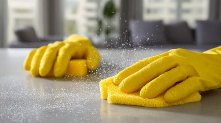 A hand clad in vibrant yellow gloves cleans a glaming kitchen surface, wielding a yellow sponge amid...