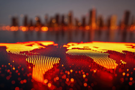 A vibrant, luminous map of the world in fiery orange and red hues, set against a softly blurred urban skyline, illustrating global network growth and technological pの写真素材