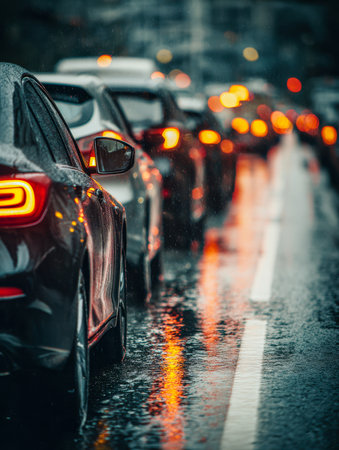 Amidst a downpour, vehicles crawl through the city's heartbeat, their crimson signals dancing on slick pavement, capturing a moment of urban congestion at dusk.の写真素材