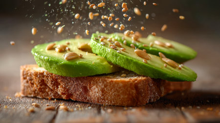 Sun-kissed avocado slices nestled atop hearty whole grain bread, adorned with crunchy toasted seeds, epitomizing a nourishing and authentic snack for mindful indulgenceの写真素材