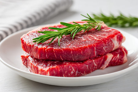 Juicy red beef steaks arranged neatly on a pristine white dish, topped with aromatic rosemary,...
