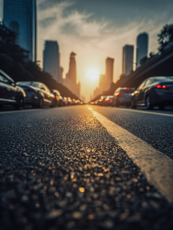 A bustling city street bathed in the warm glow of sunset, with vehicles queued along the sidewalks and towering glass buildings shimmering in the fading light.の写真素材