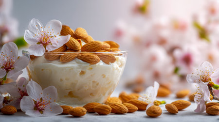A smooth, indulgent rice pudding laced with crunch and elegance, artistically topped with almonds, set amidst tender spring blooms with a gentle, dreamy backdrop.の写真素材