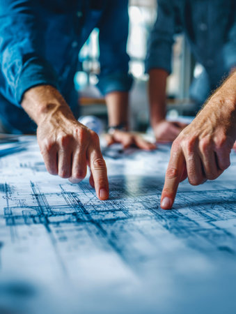 Two professionals analyze intricate design layouts, actively engaging in a collaborative review as...