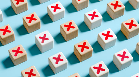 A dynamic diagonal mosaic features contrasting wooden and white blocks punctuated by vivid red...
