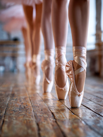 Elegant dancers stand aligned on polished wood, their shimmering satin slippers supporting poised arches amid a sunlit, airy studio.の写真素材