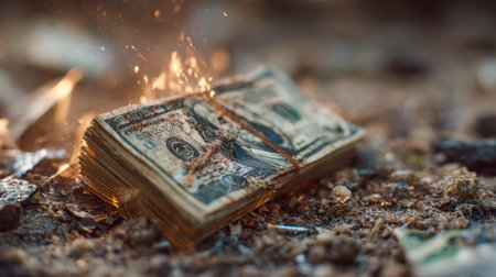 A rugged pile of faded currency secured with twine rests on coarse terrain, illuminated by crackling sparks and burning embers, evoking a tense, gritty scene.の写真素材