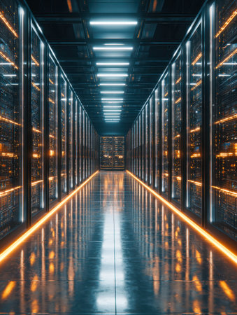 A sleek, high-tech corridor features vibrant, luminous racks commanding attention, their reflections shimmering on a glossy surface beneath contemporary lighting fixの写真素材