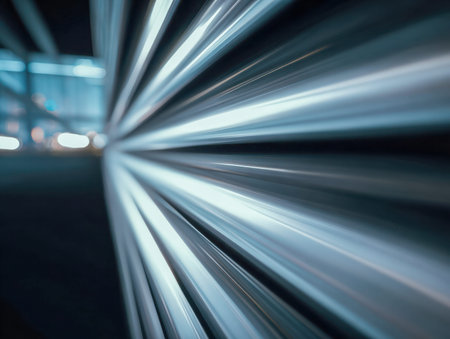 Bright, reflective metal tubes stretch into the night, guided by gentle luminescence, evoking a...