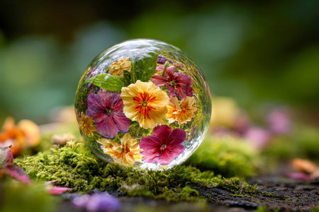 A dazzling array of vivid blossoms reflected within a smooth glass orb, nestled on rich moss,...