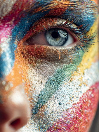 An expressive portrait featuring a riot of vivid, layered paints draped across a face, with a...