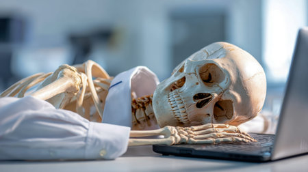 A skeletal figure in a crisp white shirt slumps face-first across a laptop in a luminous office,...
