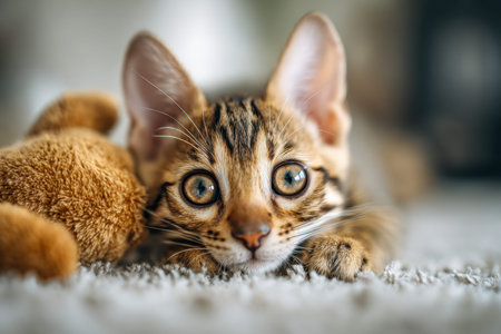 A wide-eyed, inquisitive tabby cat rests on a plush rug beside a cuddly brown stuffed animal, set...