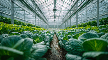 Vibrant leafy greens thrive under sunlight in a sleek, contemporary greenhouse, epitomizing eco-friendly agriculture and innovative food production methods.の写真素材