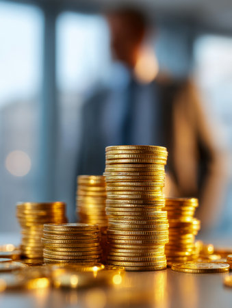 Bright polished coins arranged on a glossy surface to evoke prosperity and economic progress, with a professional blurred in a sleek, contemporary workspace setting.の写真素材