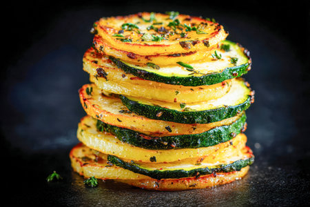 Vibrant layers of crisp, golden zucchini slices seasoned with aromatic herbs, arranged on a sleek dark backdrop, highlighting a nutritious veggieの写真素材