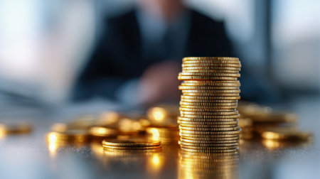 Wealth accumulation reflected in gleaming coins, set against a softly blurred figure embodying progress and financial ambitions on a glossy surface.の写真素材