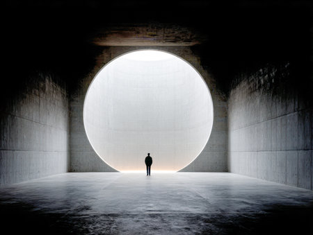 A lone person gazes into a vast, stark space framed by cold concrete walls, confronting a glowing, limitless circle that evokes introspection and boundless horizons.の写真素材