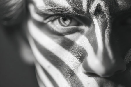 A compelling monochrome portrait capturing a piercing look, where bold black strokes craft rich texture and depth across expressive facial features.の写真素材