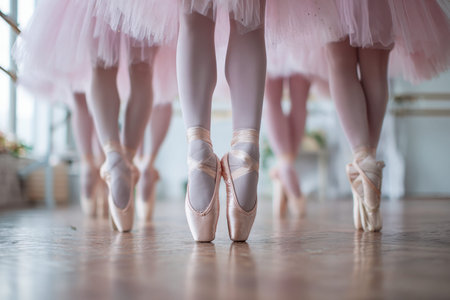A group of young ballet enthusiasts in pastel tutus and delicate footwear perfect their elegant...