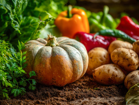 A colorful display of seasonal produce laid over fertile earth, emphasizing sustainable practices and the bounty of nature's organic harvest for eco-friendly cultivaの写真素材