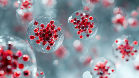 Delicate translucent spheres host vibrant red clusters, set against a soft-focus gray and white...