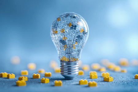 A clear glass bulb containing vibrant yellow and dark blocks rests on a royal blue surface, with...