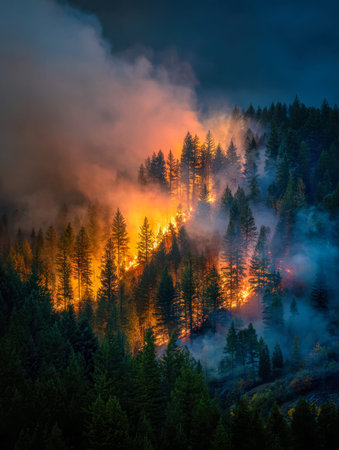 A ferocious blaze engulfs towering trees amid rugged mountains, black smoke billows upward under an...