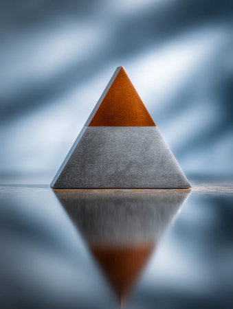 A sleek metallic pyramid featuring contrasting orange and silver facets, gracefully mirrored on a...
