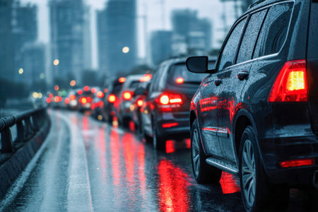 Lingering cityscape illuminated by streaks of crimson from brake lights, their reflections...