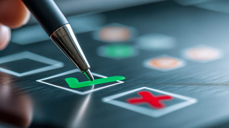 A person's hand carefully checks off an item with a pen on a digital screen, signaling confirmation...