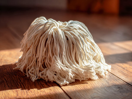 Soft sunlight casts a gentle glow on a pristine mop head laid on a wooden surface, revealing detailed fibers and adding warmth to a welcoming home environment.の写真素材