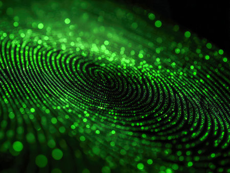 A luminous green pattern resembling a biometric fingerprint emerges against a shadowy backdrop, with...