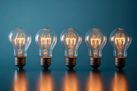 A creative display of five retro-inspired bulbs casting warm radiance, their glowing filaments...