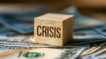 A rugged wooden piece displaying crisis rests atop a spread of assorted banknotes, symbolizing...