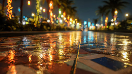 A shiny, rain-soaked mosaic walkway mirrors vibrant urban hues while towering palms adorned with...