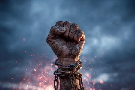 A powerful symbol of rebellion emerges as a grimy hand grips the air, shattering aged metal links beneath a turbulent sky illuminated by fiery sparks.の写真素材