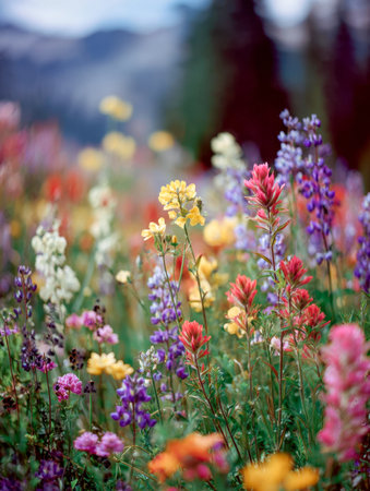 A lively tapestry of blooms in reds, purples, yellows, and whites creates a cheerful scene, with lush greenery and faint trees blending softly in the background.の写真素材