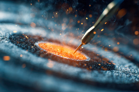 A sharp dart blends seamlessly into a luminous target, with vibrant sparks erupting upon impact,...