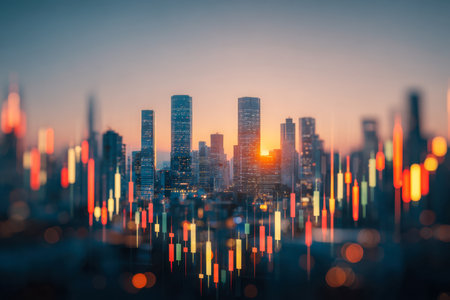 Vibrant cityscape silhouettes glow at dusk, merged seamlessly with vivid candlestick patterns symbolizing market movements and economic progress.の写真素材
