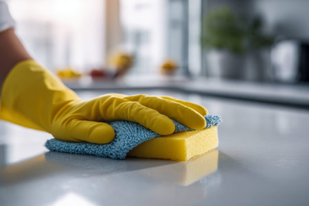A tidy, contemporary kitchen features a person in vibrant gloves scrubbing surfaces with a soft...
