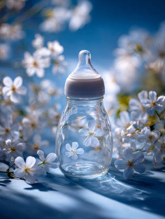 A clear baby bottle nestled amidst gentle white flowers, bathed in tender natural glow against a...