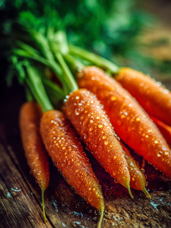 Juicy orange carrots with lush green tops glisten with droplets, laid on a weathered wooden surface,...
