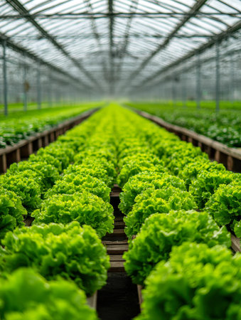 Lush, sunlit leafy greens thrive in a sleek, contemporary greenhouse, showcasing eco-friendly...