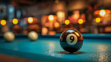 A close-up of a sleek black nine ball resting on a vivid blue felt surface, illuminated by soft,...