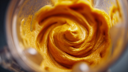 A luscious, orangey mixture swirls within a blender, highlighting its velvety consistency and warm...
