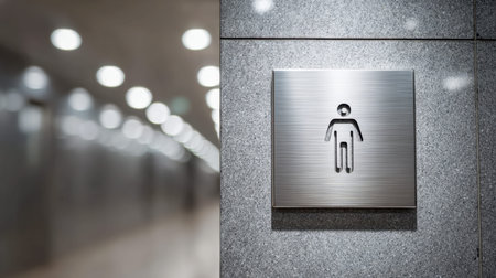 A sleek metallic symbol marking men's restrooms is mounted on a glossy stone surface, set in a...
