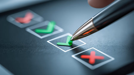 A precise pen creates a bold green tick inside a checkbox on a sleek dark background, symbolizing...